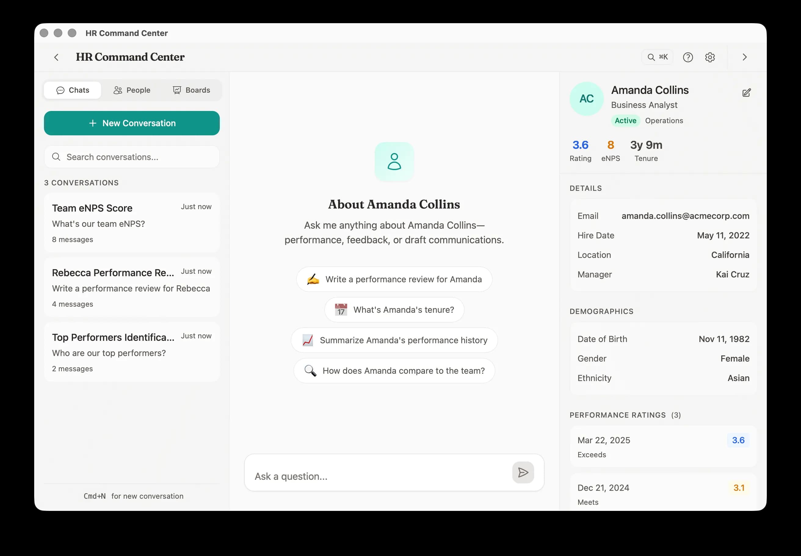 People Partner — AI-powered HR assistant showing employee context and conversation